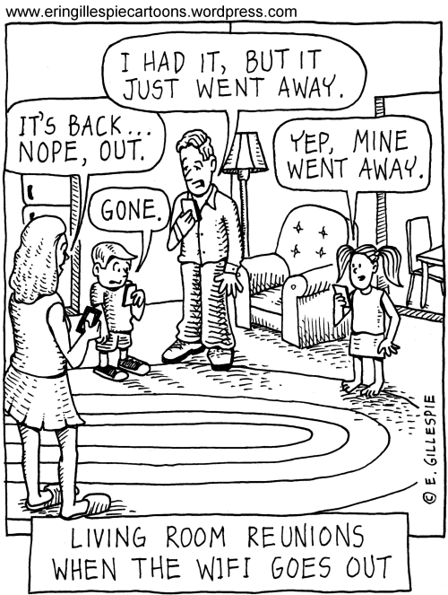 A cartoon showing the reunion that takes place when the wifi goes out