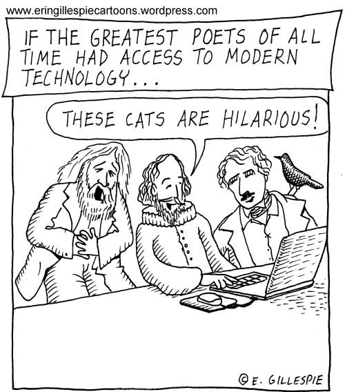Erin Gillespie cartoon with great poets watching funny cats on a computer