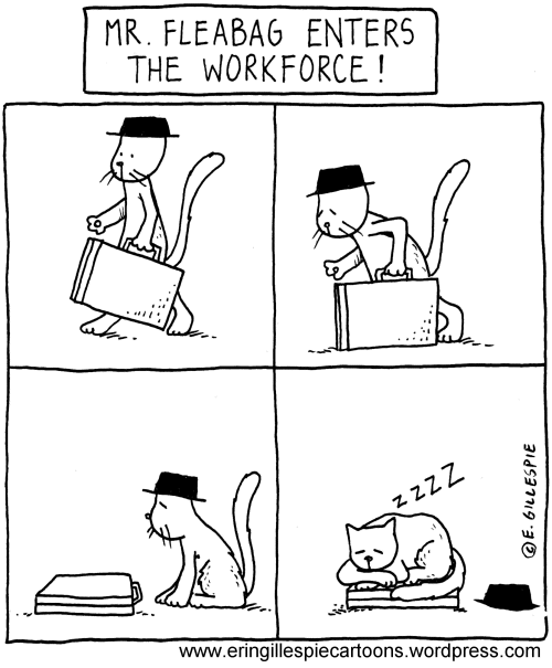 A cartoon in which a cat tries to go to work. 