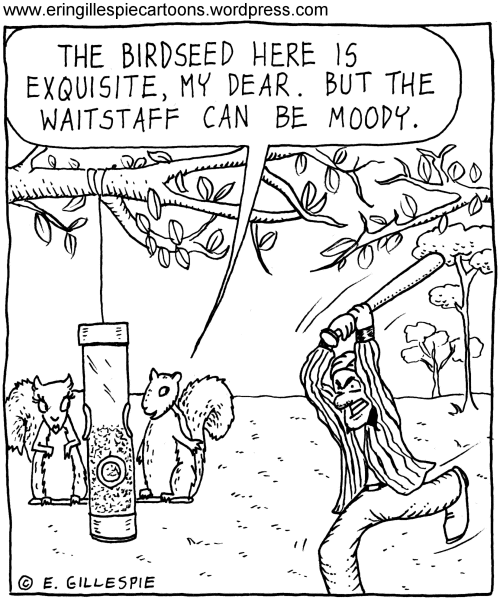 I cartoon in which some squirrels eat birdseed