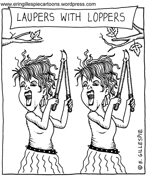 Cartoon in which two Cyndi Laupers cut tree lambs with loppers