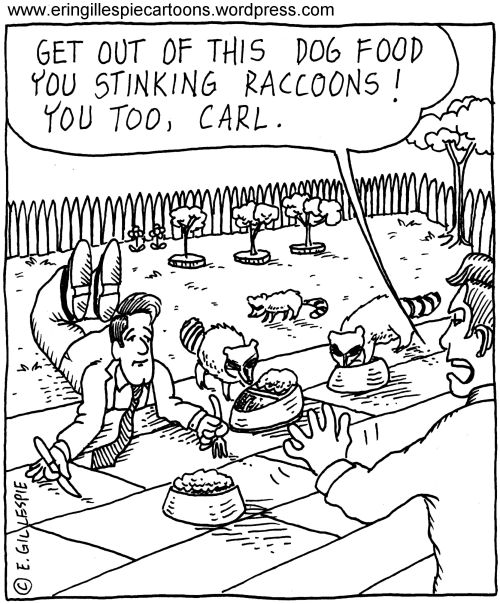 Cartoon in which some raccoons and a guy named Carl steal food from the porch