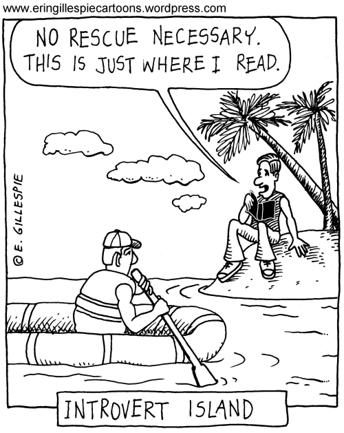 A cartoon in which a man on an island doesn't want help. He is reading. 
