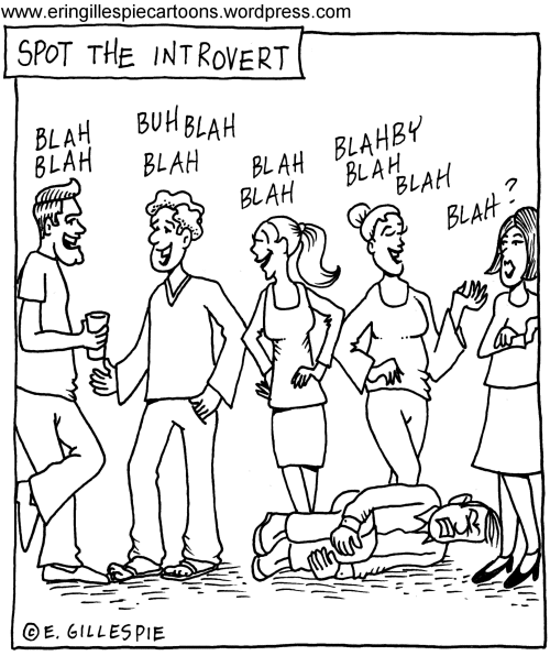 A cartoon in which an introvert at a party is in the fetal position. 