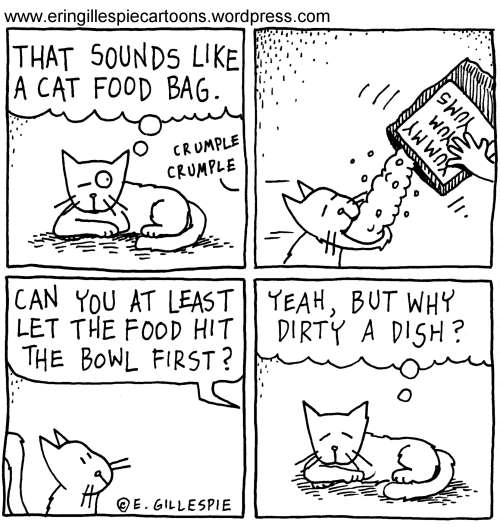 A cartoon cat eats without the food touching the bowl. 
