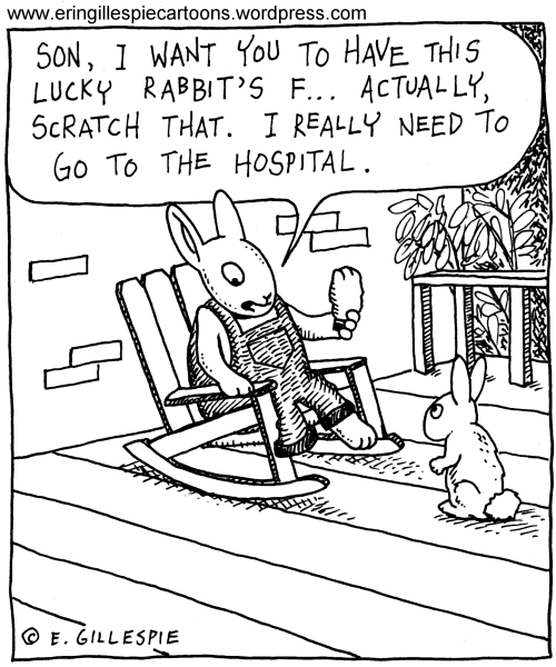 A cartoon in which a rabbit mistakingly offers his foot to his son