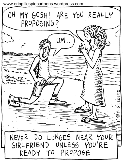 A cartoon in which a man does lunges and his girlfriend thinks he is proposing. 