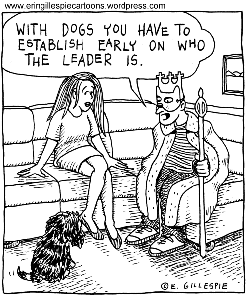 A cartoon in which a guy wears kings attire to establish authority over a puppy dog. 