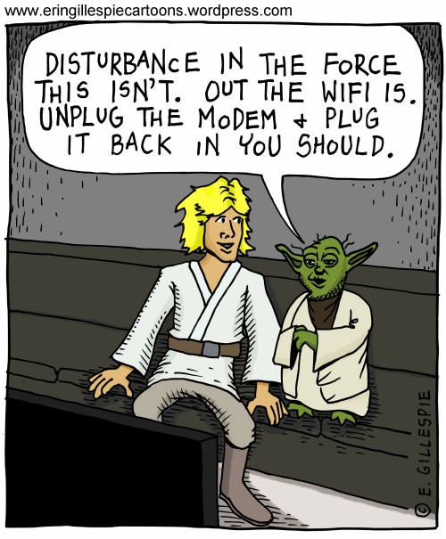 A cartoon with Luke and Yoda watching tv