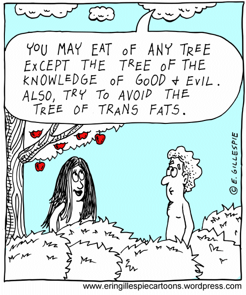Cartoon. God gives Adam and Eve instructions. 