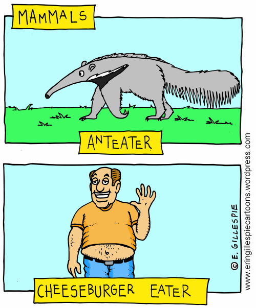 Anteater versus cheeseburger eater cartoon