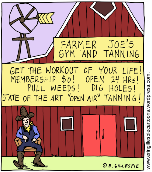 Cartoon with a farmer gym owner
