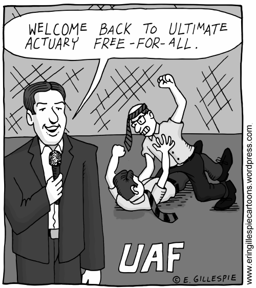 A cartoon with actuaries fighting