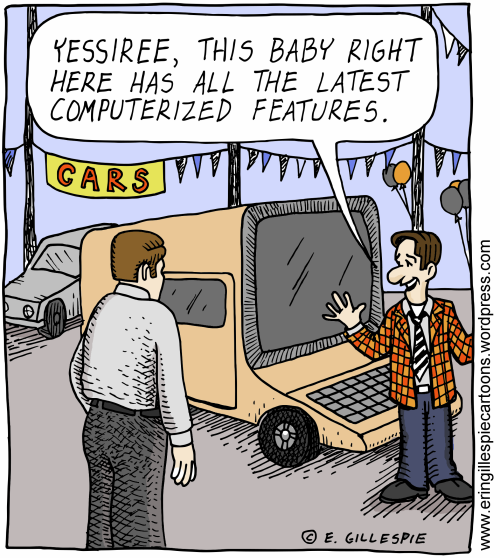 A cartoon with a car that looks like a computer