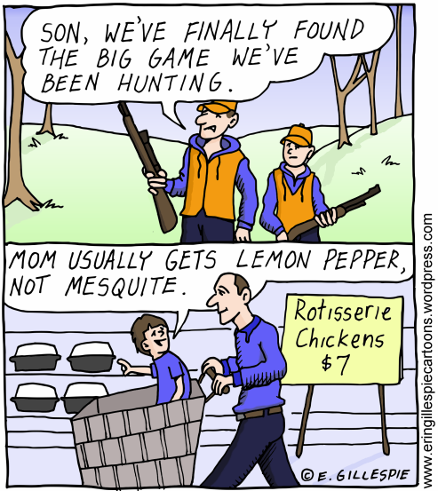 A cartoon in which a father and son pretend to hunt in a grocery store. 