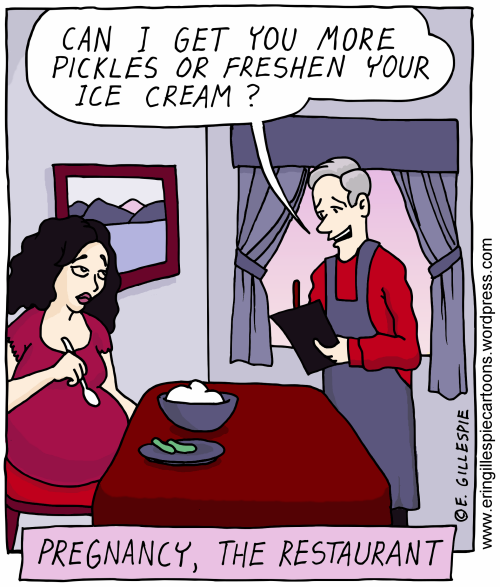 Pregnancy, The Restaurant Cartoon - a woman orders ice cream and pickles