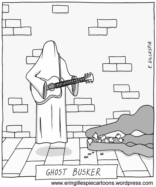Ghost Busker cartoon. A ghost plays guitar. 