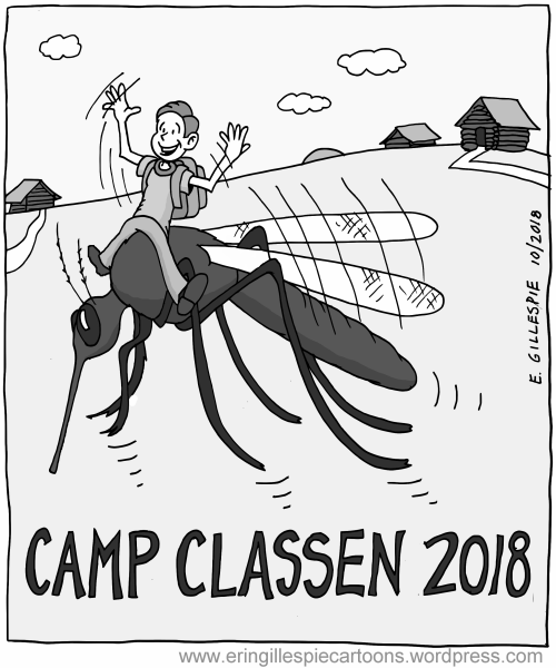 Kid and mosquito at camp cartoon